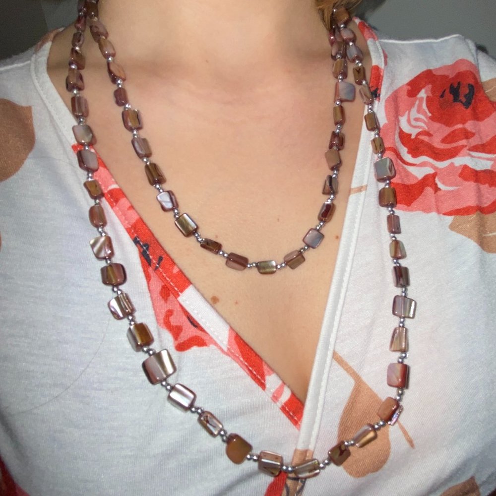 Natural Polished Abalone Shell Beaded Necklace Irregular Square Beads 2 Strands